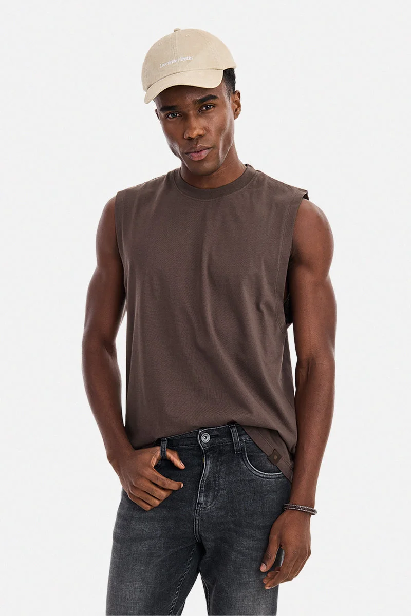 سنيتش Brown Solid Sleeveless Casual T-Shirt