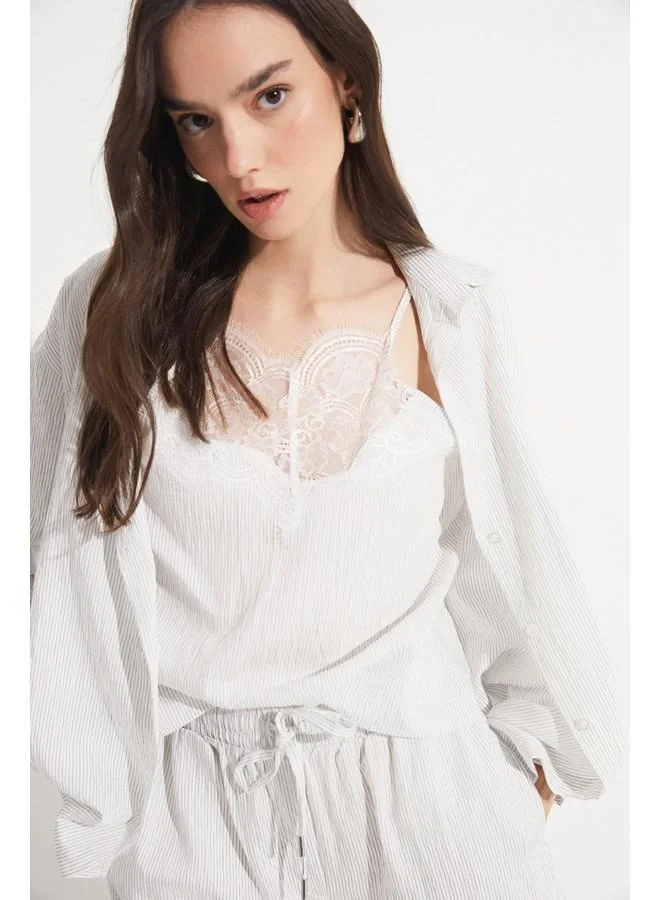 JUNE June Women Exclusive Regular Normal Fit Modal Blend White Striped Shirt Ecru