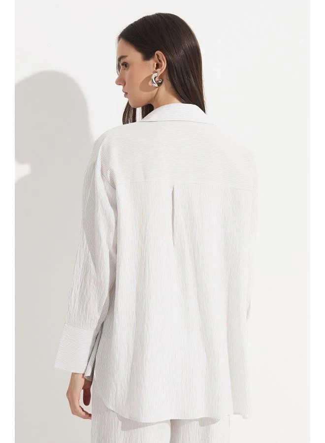 JUNE June Women Exclusive Regular Normal Fit Modal Blend White Striped Shirt Ecru