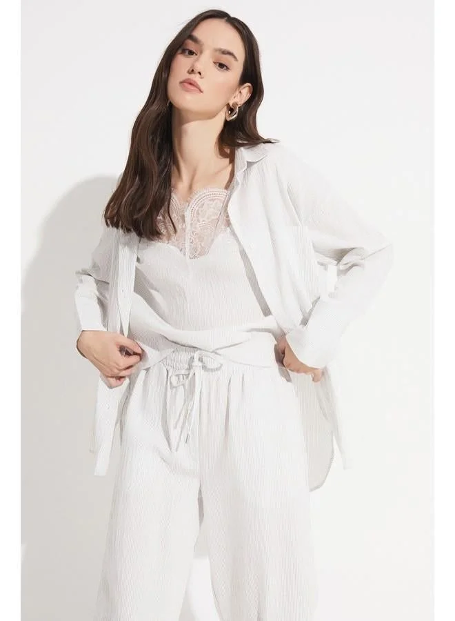 JUNE June Women Exclusive Regular Normal Fit Modal Blend White Striped Shirt Ecru