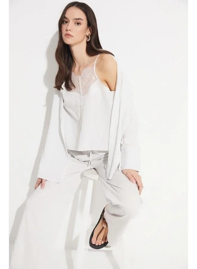 JUNE June Women Exclusive Regular Normal Fit Modal Blend White Striped Shirt Ecru