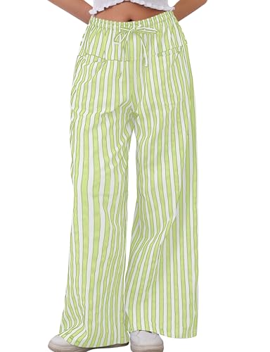 MISSACTIVER Women Drawstring Striped Pants Loose Wide Leg Trousers Casual Low Waist Pants Comfy Lounge Pants with Pockets Light Green - Image 1