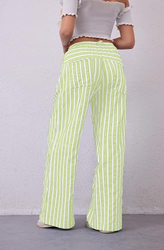 MISSACTIVER Women Drawstring Striped Pants Loose Wide Leg Trousers Casual Low Waist Pants Comfy Lounge Pants with Pockets Light Green - Image 4