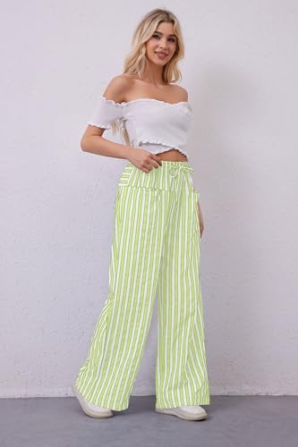 MISSACTIVER Women Drawstring Striped Pants Loose Wide Leg Trousers Casual Low Waist Pants Comfy Lounge Pants with Pockets Light Green - Image 3
