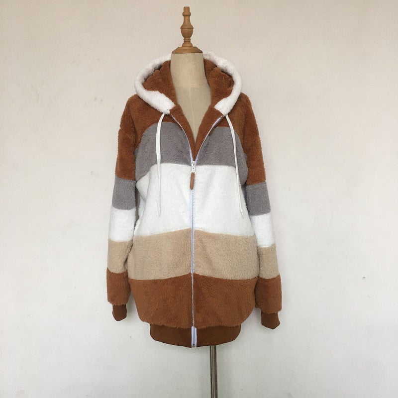 Casaco acolchoado de lã de cordeiro contrastante, jaqueta felpuda com capuz com bolsos para inverno - Image 1