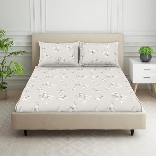 Welspun 120 TC Polycotton Bedsheet for Double Bed with 2 Pillow Cover | Skin Safe & Super Soft King Size Bed Sheet | (108 X 108 Inch) - Floral Grey | Harmony - Image 1