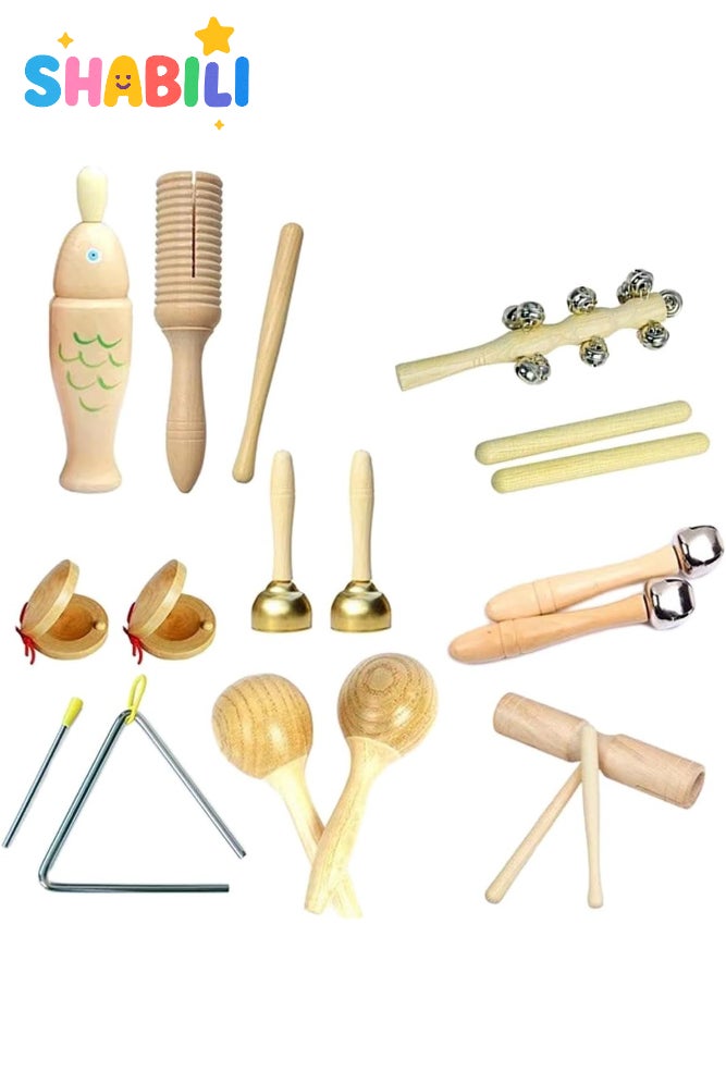 SHABILI Wooden Percussion Instrument Set for Kids, 10-Piece Montessori Musical Toy Bundle with Maracas, Triangle, Wood Fish and Bells, Educational Rhythm Gift for Boys and Girls Age 3–6 - Image 1