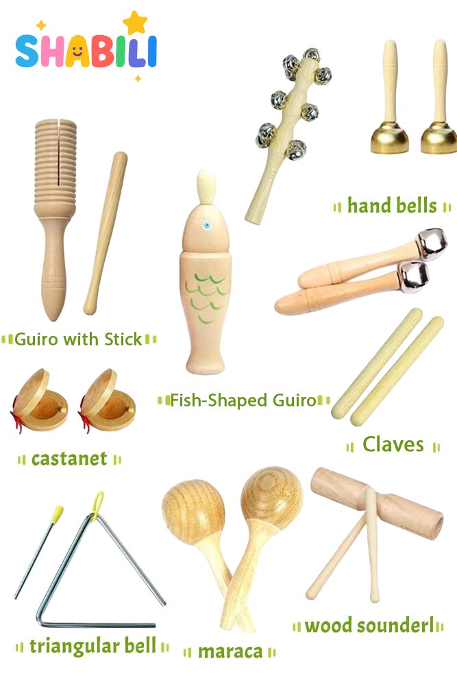 SHABILI Wooden Percussion Instrument Set for Kids, 10-Piece Montessori Musical Toy Bundle with Maracas, Triangle, Wood Fish and Bells, Educational Rhythm Gift for Boys and Girls Age 3–6 - Image 2
