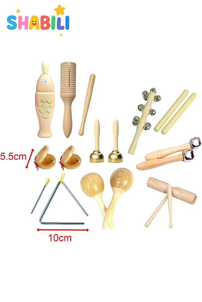 SHABILI Wooden Percussion Instrument Set for Kids, 10-Piece Montessori Musical Toy Bundle with Maracas, Triangle, Wood Fish and Bells, Educational Rhythm Gift for Boys and Girls Age 3–6 - Image 3