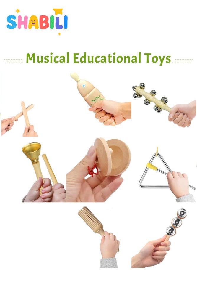 SHABILI Wooden Percussion Instrument Set for Kids, 10-Piece Montessori Musical Toy Bundle with Maracas, Triangle, Wood Fish and Bells, Educational Rhythm Gift for Boys and Girls Age 3–6 - Image 5