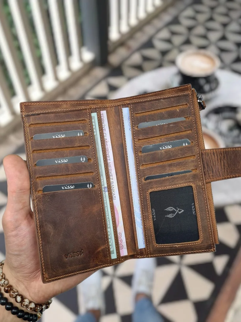 VISSO 903 Genuine Leather Personalized Phone Compartment Zippered Coin Compartment