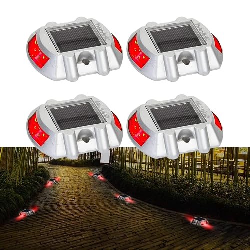 Hardoll Solar Road Stud Light for Home Rechargeable 6 LED Lamp Waterproof Outdoor Lantern Step Pathway Lights for Security Driveway (Red Flashing Pack of 4)(Metal) - Image 1
