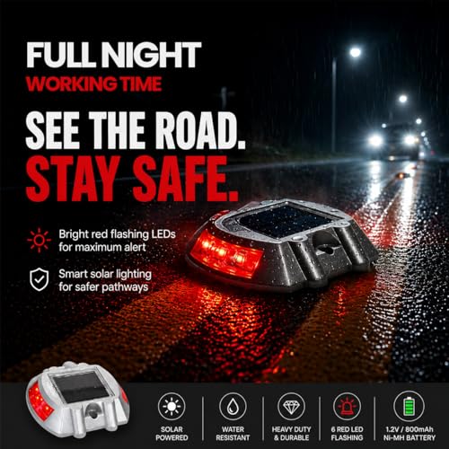 Hardoll Solar Road Stud Light for Home Rechargeable 6 LED Lamp Waterproof Outdoor Lantern Step Pathway Lights for Security Driveway (Red Flashing Pack of 4)(Metal) - Image 5
