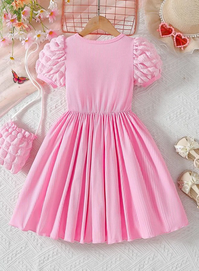 Take Two Take Two Girls Pink Solid Puff Sleeves A-Line Dress with Crossbody Bag