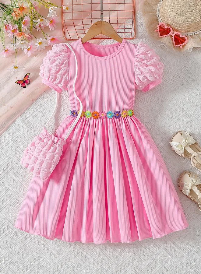 Take Two Take Two Girls Pink Solid Puff Sleeves A-Line Dress with Crossbody Bag