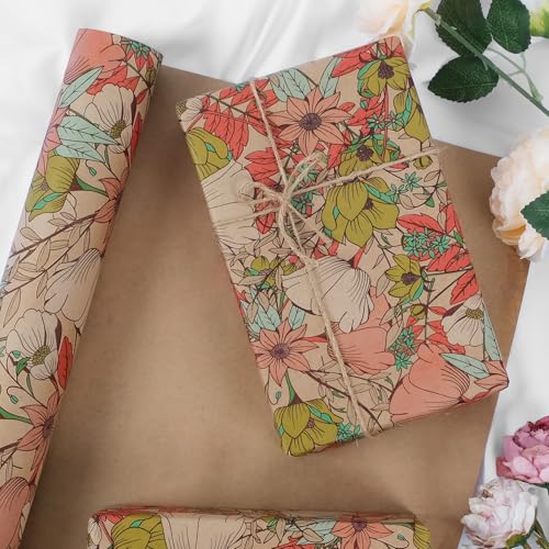Aimyoo Kraft Floral Wrapping Paper Roll - Jumbo Roll - 30 Inch x 33 Feet - All Occasion Vintage Flower Gift Wrap Paper for Mother's Day Wedding Birthday Bridal Shower - Image 5