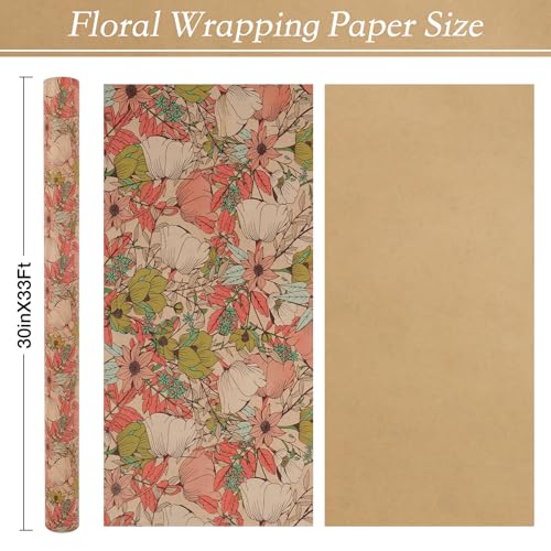 Aimyoo Kraft Floral Wrapping Paper Roll - Jumbo Roll - 30 Inch x 33 Feet - All Occasion Vintage Flower Gift Wrap Paper for Mother's Day Wedding Birthday Bridal Shower - Image 2