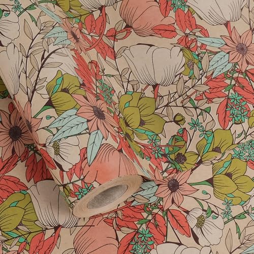 Aimyoo Kraft Floral Wrapping Paper Roll - Jumbo Roll - 30 Inch x 33 Feet - All Occasion Vintage Flower Gift Wrap Paper for Mother's Day Wedding Birthday Bridal Shower - Image 1