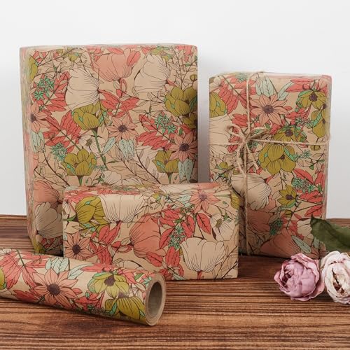 Aimyoo Kraft Floral Wrapping Paper Roll - Jumbo Roll - 30 Inch x 33 Feet - All Occasion Vintage Flower Gift Wrap Paper for Mother's Day Wedding Birthday Bridal Shower - Image 4
