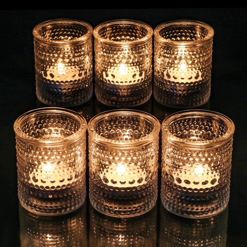 HOXHA 6 Pack Glass Votive Candle Holders Clear Tealight Candle Holders in Bulk Vintage Table Centerpieces for Floating Candles Home Table Decor Wedding Receptions (6) - Image 1