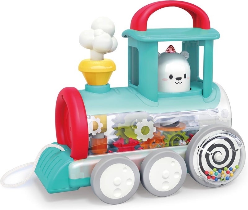 HOLA Pull Along Train Engine for Toddlers, Interactive Toy w/Spinning Bear, Rotating Gears & Moving Smoke, Encourages Crawling, Hand-Eye Coordination, Sensory & Motor Skills, STEAM Toys - Red - Image 1