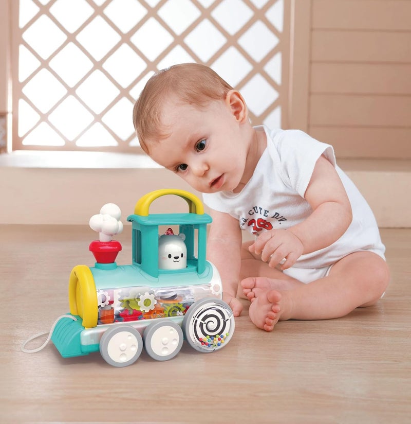 HOLA Pull Along Train Engine for Toddlers, Interactive Toy w/Spinning Bear, Rotating Gears & Moving Smoke, Encourages Crawling, Hand-Eye Coordination, Sensory & Motor Skills, STEAM Toys - Red - Image 2