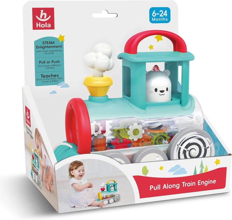 HOLA Pull Along Train Engine for Toddlers, Interactive Toy w/Spinning Bear, Rotating Gears & Moving Smoke, Encourages Crawling, Hand-Eye Coordination, Sensory & Motor Skills, STEAM Toys - Red - Image 3