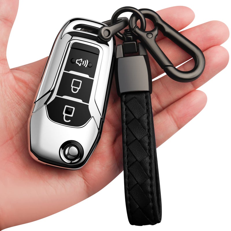 Sindeda for Ford Key Fob Cover with Keychain Soft Full Protection Key Shell Key Case Compatible with Ford F150 F250 F350 F450 F550 Explorer Ranger Escape Key Fob Shell Silver