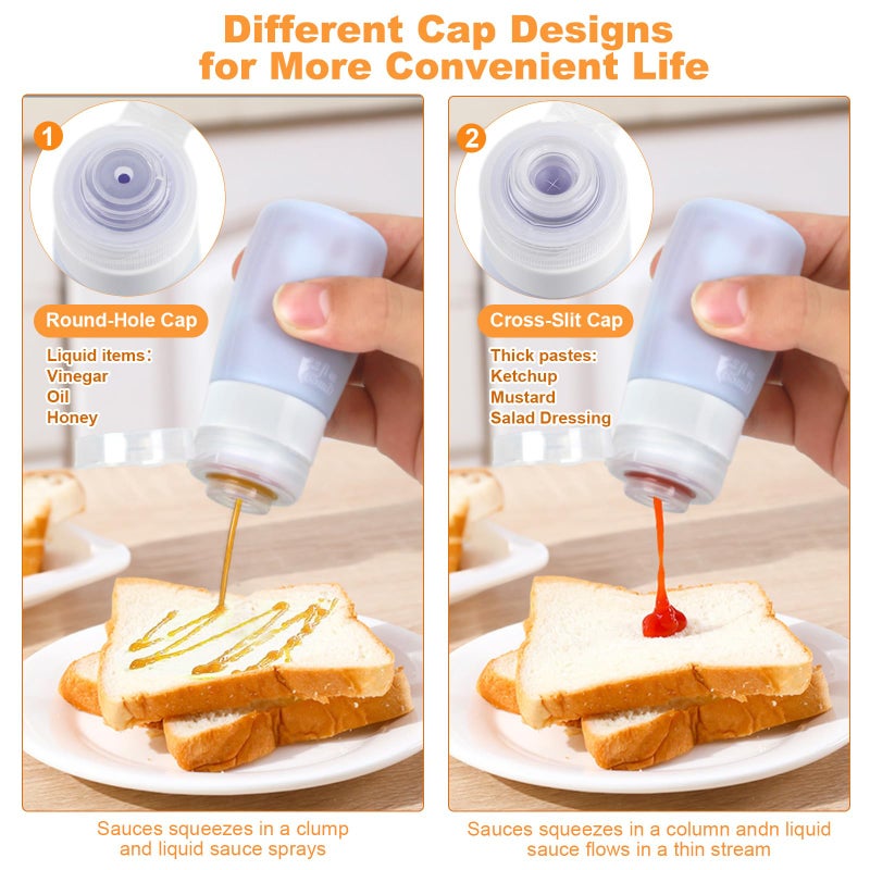 Seropy 4Pcs Condiment Squeeze Bottles for Sauces, Leakproof Salad Dressing Container to Go, Small Silicone Squeeze Bottles with Brush, Condiment Containers Dispenser for Ketchup Hot Sauce Lunch Travel, 2 Oz - Image 2