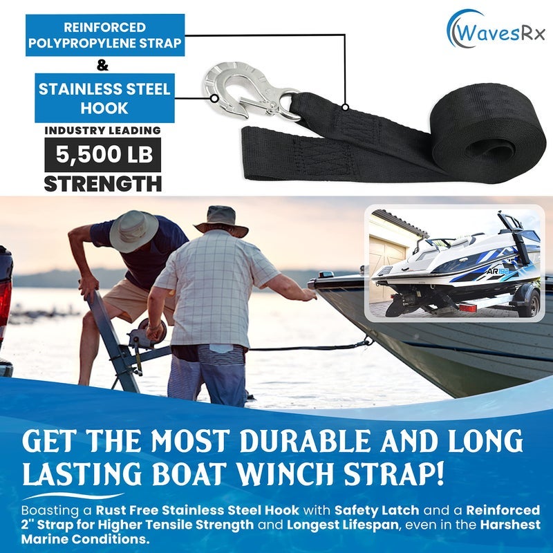 WavesRx 2" x 20' Boat Trailer Winch Strap Replacement with Marine Grade Stainless Steel Hook | 5,500 lbs (2.5T) Capacity for Safe & Secure Retrieval, Launching & Transporting of Your Boat or Pontoon - Image 3