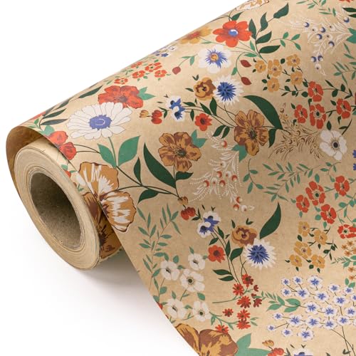 WRAPAHOLIC Kraft Floral Wrapping Paper Roll Mini Roll 17 Inch x 98 Feet All Occasion Flower Wrapping Paper for Wedding Bridal Shower Birthday - Image 1