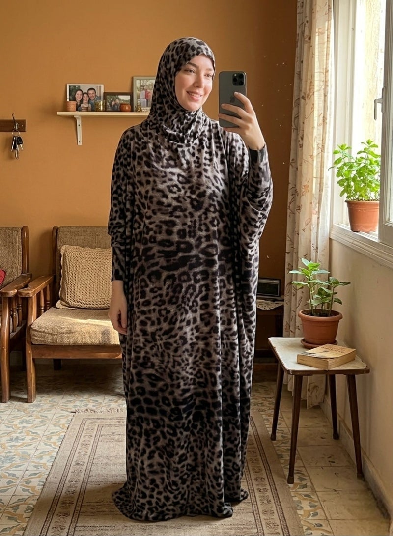 Elegant Women's Isdal Prayer Dress & Hijab Set Leopard Print – Premium Soft Viscose Cotton Prayer Abaya for Women, Full Coverage Islamic Prayer Wear, Comfortable Modest Khimar, Plus Size Up to 100 KG, Lightweight Daily Salah Outfit for Home, Mosque, Travel & Umrah - Image 1