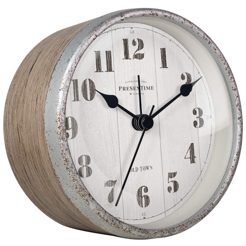 Presentime  Co 4 Farmhouse Tabletop Alarm Mantel Clock Desk and Shelf Clock Silent no Ticking Light Grey Oak and Rusted Galvanized Finish Tabletop Dcor Home Dcor Farmhouse Dcor