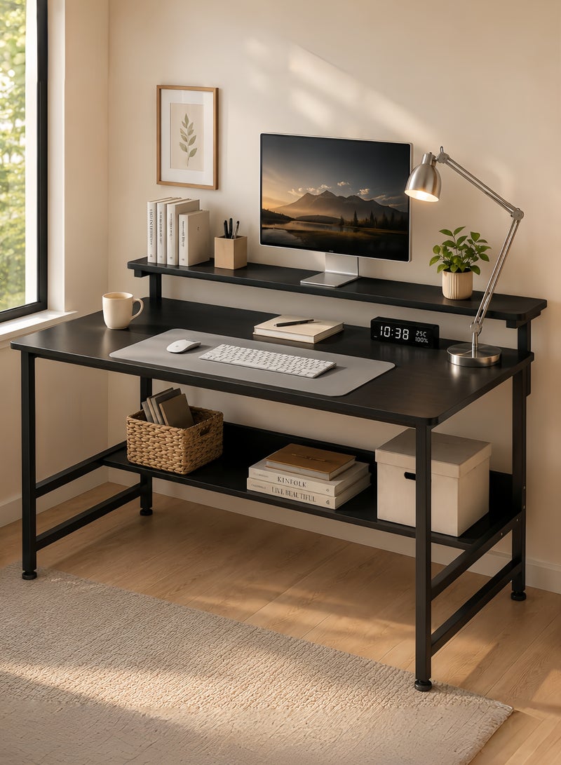 Canadel Computer Desk with Monitor Stand & Bookshelf, 3 Height Adjustable Office Table, Sturdy Gaming Desk with Storage for Home Office, PC Laptop Workstation - Image 1