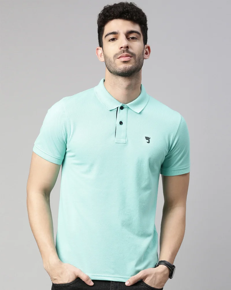 Men Mint Solid Polo Collar Pure Cotton T-Shirt