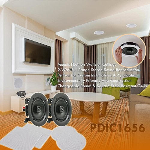 Pyle Pair 5.25” Flush Mount In-wall In-ceiling 2-Way Speaker System Spring Loaded Quick Connections Changeable Round/Square Grill Stereo Sound Polypropylene Cone Polymer Tweeter 150 Watts (PDIC1656) - Image 5