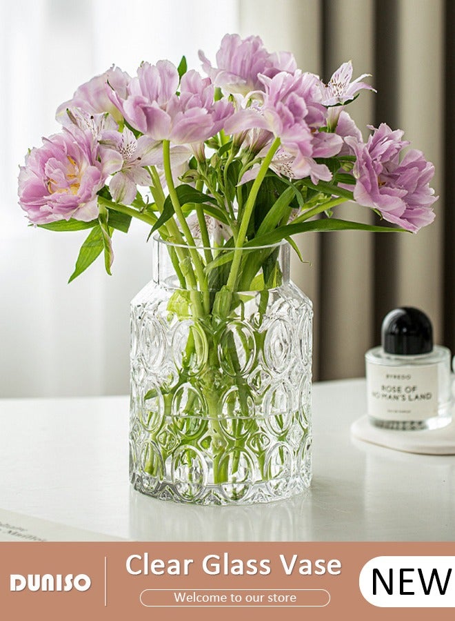 DUNISO Clear Glass Vase, Modern Decorative Vase, Large Irregular Shape Vintage Flower Vase, Minimalist Ins Style Embossed Glass Vase for Wedding Table Decorations Centerpieces, Crystal Vase for Living Room, Bedroom, Kitchen, Dining Table, Mantle  - Image 1