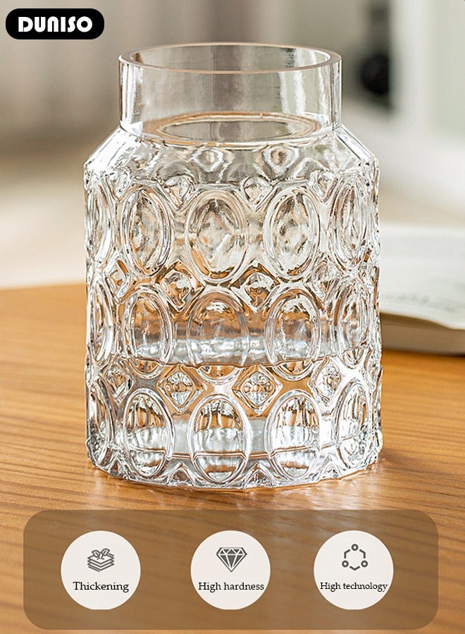 DUNISO Clear Glass Vase, Modern Decorative Vase, Large Irregular Shape Vintage Flower Vase, Minimalist Ins Style Embossed Glass Vase for Wedding Table Decorations Centerpieces, Crystal Vase for Living Room, Bedroom, Kitchen, Dining Table, Mantle  - Image 3