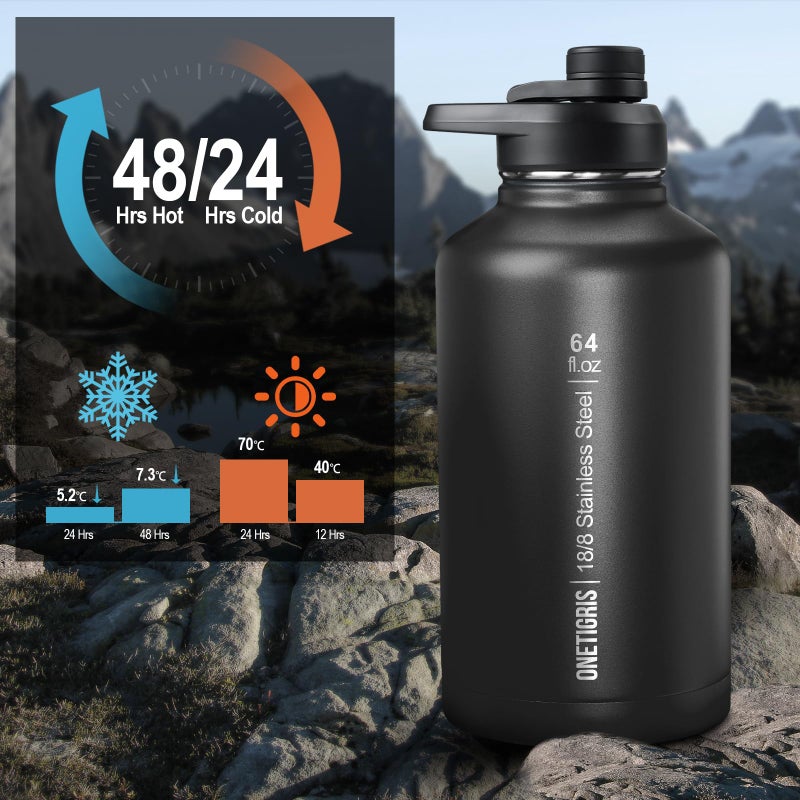OneTigris Tactical Half Gallon Water Bottle with Straw - 64 oz Vacuum Insulated Stainless Steel Water Jug  Leakproof Sport Bottle with 3 BPA Free Lids  Paracord Handle & MOLLE Water Pouch for Outdoor - Image 2