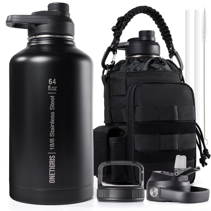 OneTigris Tactical Half Gallon Water Bottle with Straw - 64 oz Vacuum Insulated Stainless Steel Water Jug  Leakproof Sport Bottle with 3 BPA Free Lids  Paracord Handle & MOLLE Water Pouch for Outdoor - Image 1