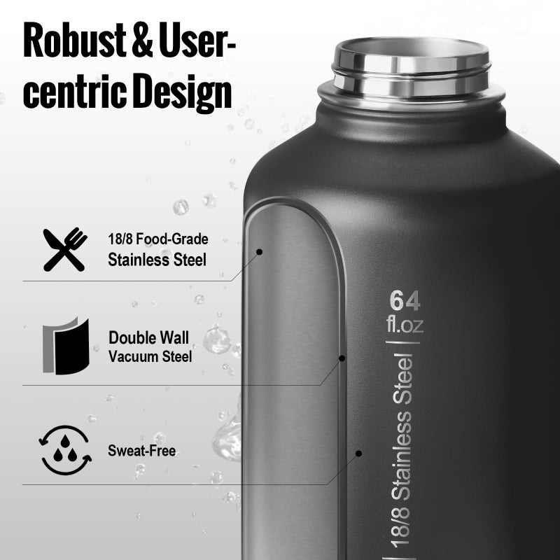 OneTigris Tactical Half Gallon Water Bottle with Straw - 64 oz Vacuum Insulated Stainless Steel Water Jug  Leakproof Sport Bottle with 3 BPA Free Lids  Paracord Handle & MOLLE Water Pouch for Outdoor - Image 3