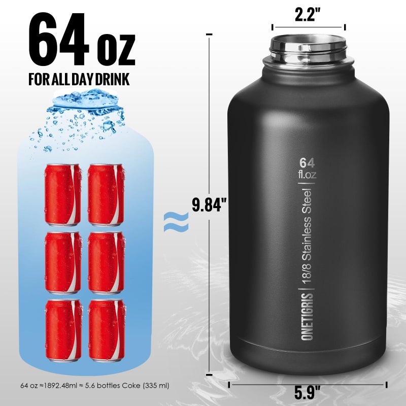 OneTigris Tactical Half Gallon Water Bottle with Straw - 64 oz Vacuum Insulated Stainless Steel Water Jug  Leakproof Sport Bottle with 3 BPA Free Lids  Paracord Handle & MOLLE Water Pouch for Outdoor - Image 4