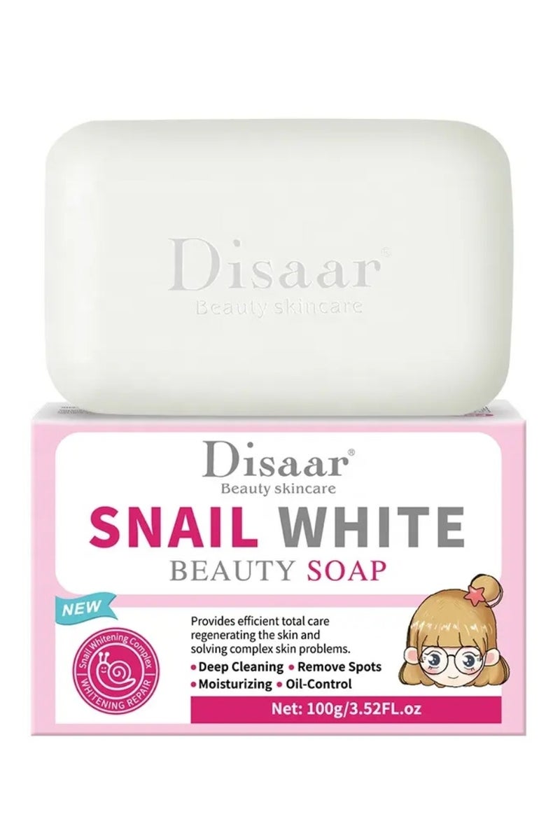 Disaar صابون بياض الحلزون 100 جرام لتنظيف عميق وإزالة البقع وترطيب البشرة والتحكم في الزيوت وتنظيف المسام وإصلاح البشرة وعلاج مضاد للشيخوخة وحب الشباب وتغذية وتفتيح وإشراق البشرة مع سيروم الحلزون - Image 1