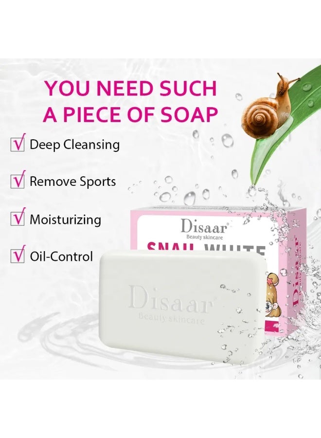 Disaar صابون بياض الحلزون 100 جرام لتنظيف عميق وإزالة البقع وترطيب البشرة والتحكم في الزيوت وتنظيف المسام وإصلاح البشرة وعلاج مضاد للشيخوخة وحب الشباب وتغذية وتفتيح وإشراق البشرة مع سيروم الحلزون - Image 2