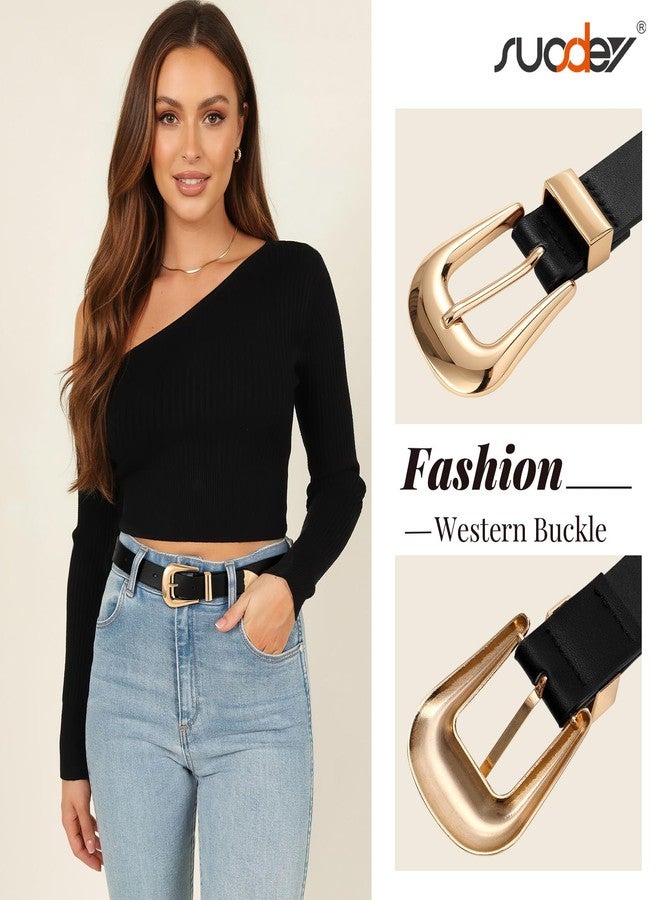 SUOSDEY Women Leather Belt for Jeans Pants, Ladies Waist Belt Western Belt with Gold Silver Buckle black - Image 3