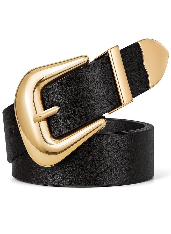 SUOSDEY Women Leather Belt for Jeans Pants, Ladies Waist Belt Western Belt with Gold Silver Buckle black - Image 1