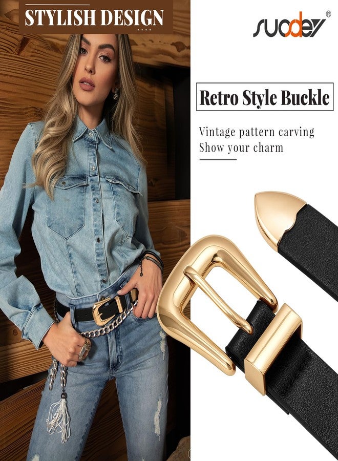 SUOSDEY Women Leather Belt for Jeans Pants, Ladies Waist Belt Western Belt with Gold Silver Buckle black - Image 2