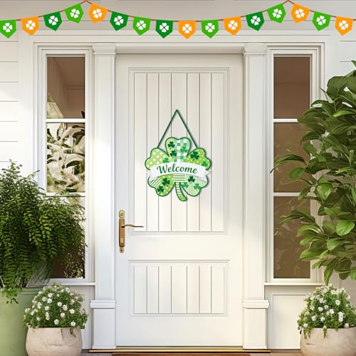JEVUVU St. Patrick's Day Wooden Welcome Sign, Rustic Shamrock Door Hanger with Striped Plaid Polka Dot Patterns & Rounded Edges for Farmhouse Indoor Outdoor Decor - Image 4