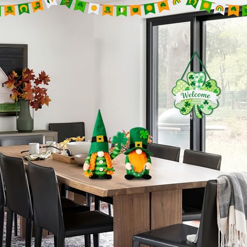 JEVUVU St. Patrick's Day Wooden Welcome Sign, Rustic Shamrock Door Hanger with Striped Plaid Polka Dot Patterns & Rounded Edges for Farmhouse Indoor Outdoor Decor - Image 5