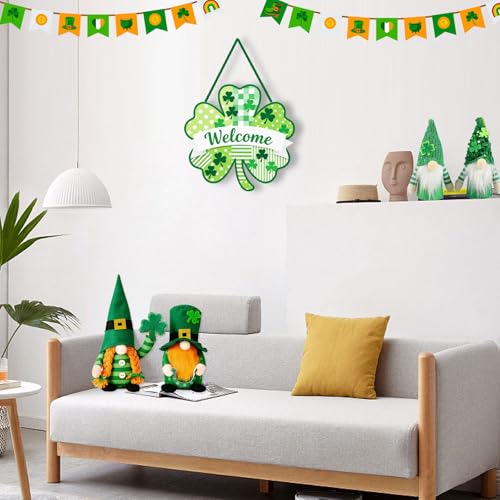 JEVUVU St. Patrick's Day Wooden Welcome Sign, Rustic Shamrock Door Hanger with Striped Plaid Polka Dot Patterns & Rounded Edges for Farmhouse Indoor Outdoor Decor - Image 3